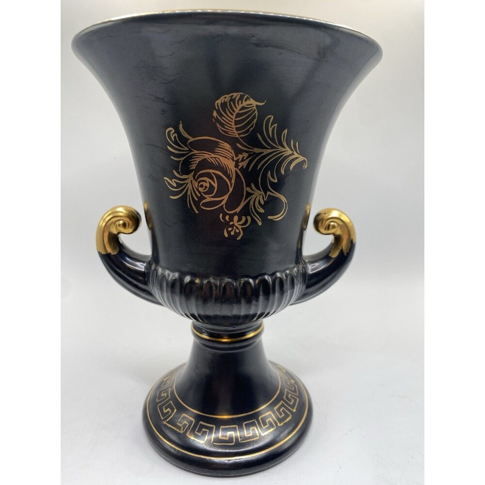 Vintage Lefton Black Urn Double Handle Vase Gold Design Japan 4281 Pristine 7.25